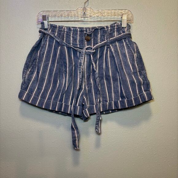 American Eagle Outfitters Pants - AE Striped Paperbag High Waisted Soft Shorts Tie Belt Blue White Size 6
